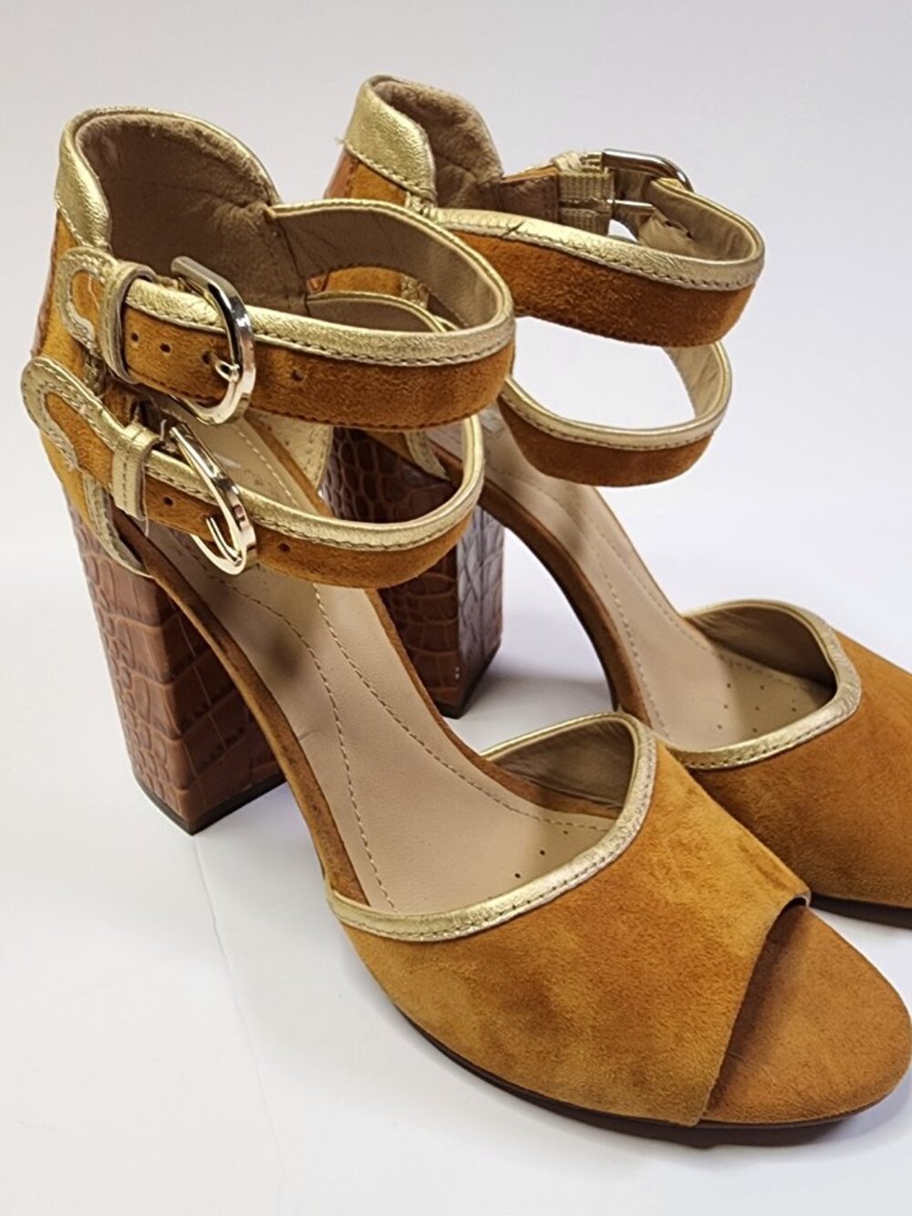 Geox Double-Strap Block Heel Sandals | Tan Suede & Croc Heel | EU 39